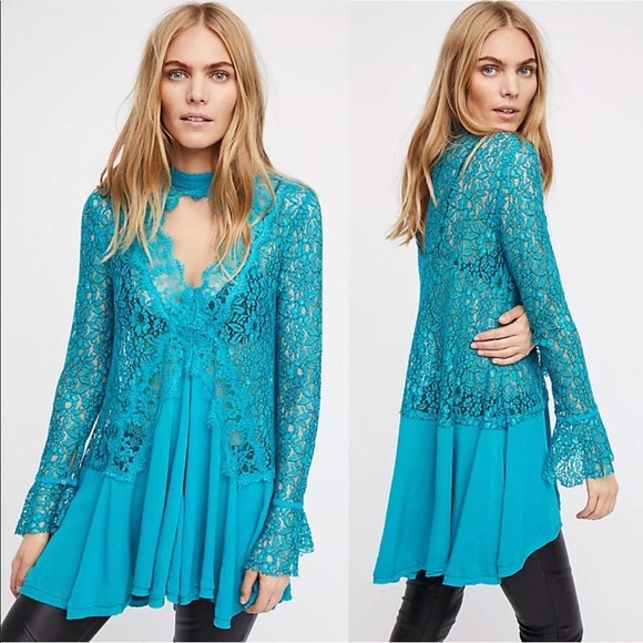 Free People Tops - Free People Tell-Tale Lace Tunic in Ocean Blue